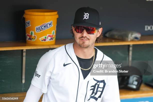 Zach McKinstry of the Detroit Tigers in the dugout prior to the start of the game against the San Francisco Giants at Comerica Park on July 24, 2023...