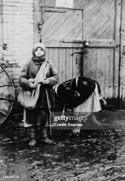 Two peasant women collecting fallen grain on a collective farm near Belgorod, during the man-made Holodomor famine in the Ukraine, former Soviet...