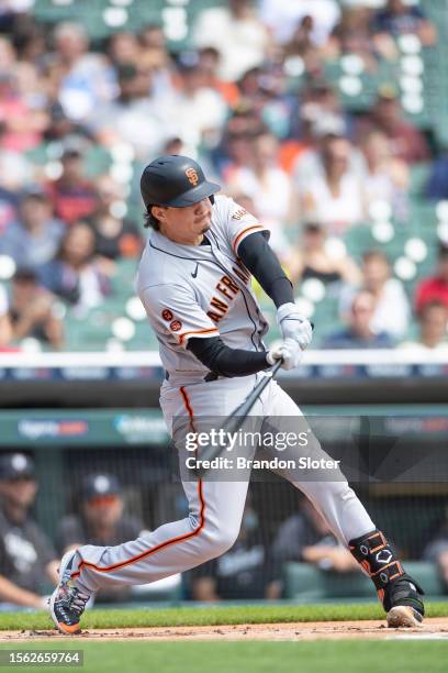 Wilmer Flores of the San Francisco Giants swings the bat during the first inning against the Detroit Tigers at Comerica Park on July 24, 2023 in...