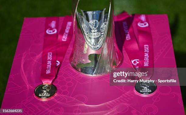 The trophy is seen with a winners and runners up medal ahead of the UEFA Women's European Under-19 Championship 2022/23 Final at the Den Dreef...