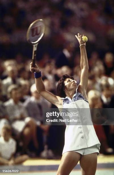 Battle of the Sexes: Billie Jean King in action, serve vs Bobby Riggs during match at Astrodome. Houston, TX 9/20/1973 CREDIT: Neil Leifer