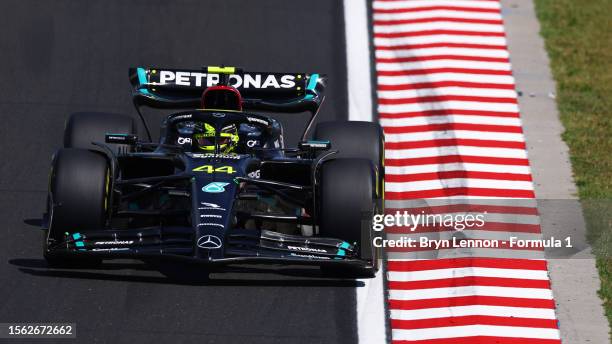 Lewis Hamilton of Great Britain driving the Mercedes AMG Petronas F1 Team W14 on track during final practice ahead of the F1 Grand Prix of Hungary at...