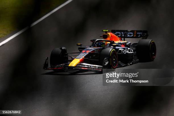 Sergio Perez of Mexico driving the Oracle Red Bull Racing RB19 on track during final practice ahead of the F1 Grand Prix of Hungary at Hungaroring on...