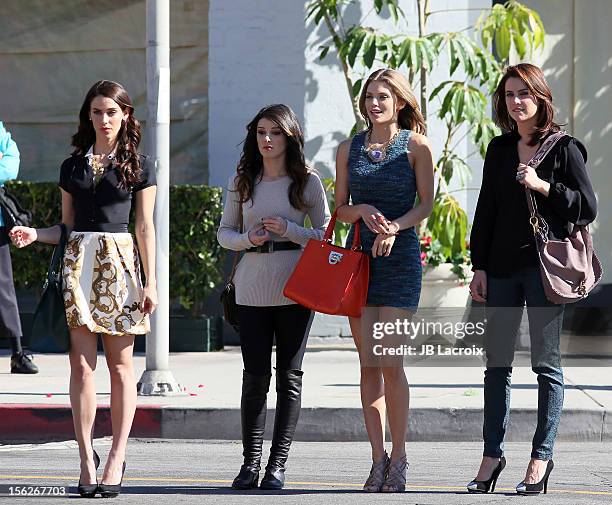 Jessica Lowndes, Shenae Grimes, AnnaLynne McCord and Jessica Stroup are seen on location for "90210" at the Shaky Alibi on November 12, 2012 in Los...