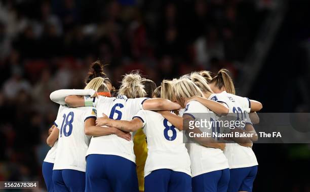 Players of England huddle prior to the FIFA Women's World Cup Australia & New Zealand 2023 Group D match between England and Haiti at Brisbane...