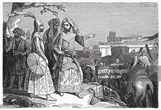 ben hadad besieges dothan (2 kings 6), woodcut, published 1835 - old testament stock illustrations