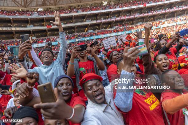 Thousands of Economic Freedom Fighters supporters gather at the FNB Stadium in Johannesburg on July 29, 2023 during the celebrations for the 10th...