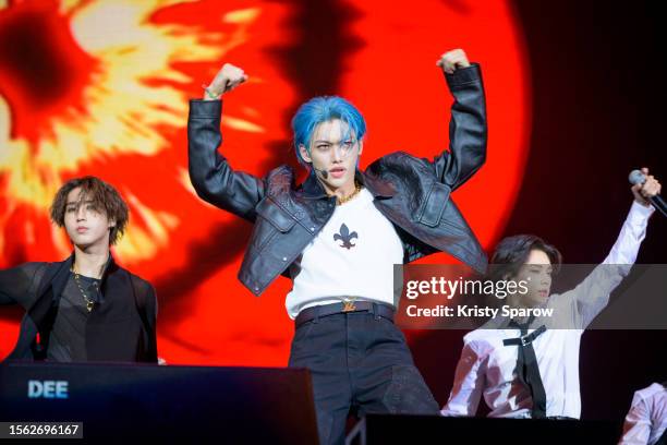 Pop boy band, Stray Kids performs onstage during the Lollapalooza Paris Festival - Day One on July 21, 2023 in Paris, France.
