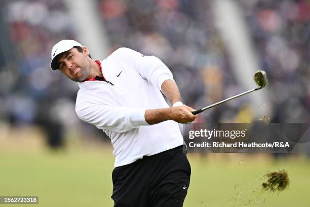 Scottie Scheffler of the United States plays his second shot on the 16th hole during Day Three of The 151st Open at Royal Liverpool Golf Club on July...