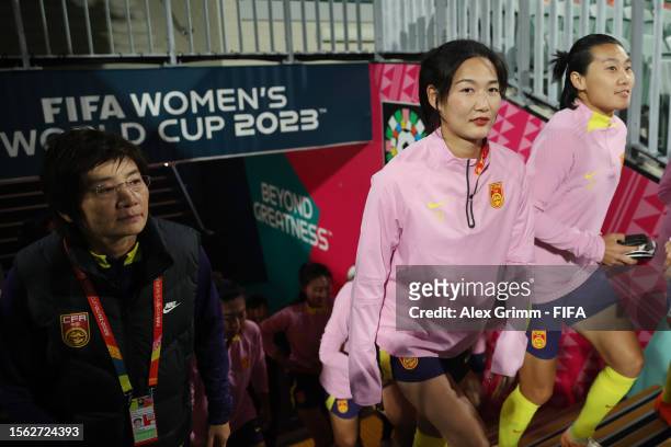 Yang Lina of China PR walks out for the warm up prior to the FIFA Women's World Cup Australia & New Zealand 2023 Group D match between Denmark and...