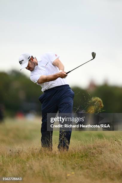 Patrick Cantlay of the United States plays his second shot on the 16th hole during Day Three of The 151st Open at Royal Liverpool Golf Club on July...