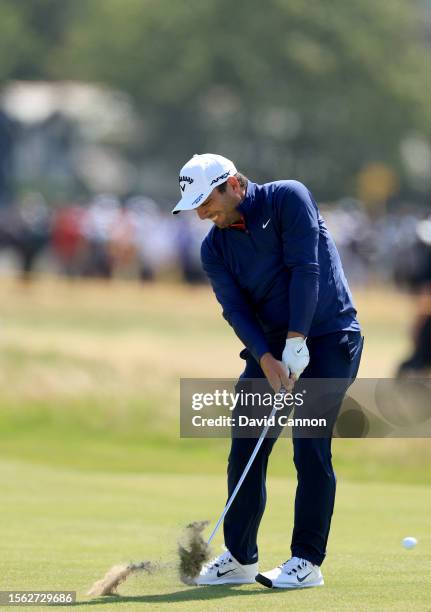 Francesco Molinari of Italy plays his second shot on the 16th hole during the second round of The 151st Open at Royal Liverpool Golf Club on July 21,...