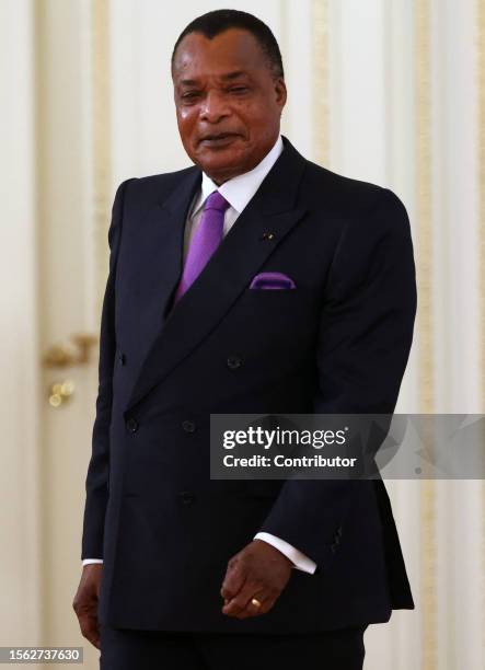 Republic of Congo's Preisdent Denis Sassou Nguesso enters the hall during a bilateral meeting, on July 29, 2023 in Saint Petersburg, Russia....