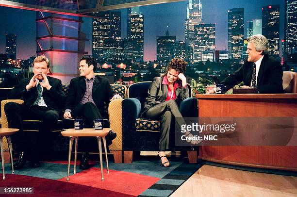 Episode 1450 -- Pictured: Comedian Conan O'Brien, Donny Osmond and Marie Osmond during an interview with host Jay Leno on September 14, 1998 --