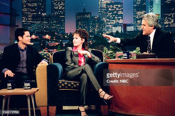 Episode 1450 -- Pictured: Donny Osmond and Marie Osmond during an interview with host Jay Leno on September 14, 1998 --
