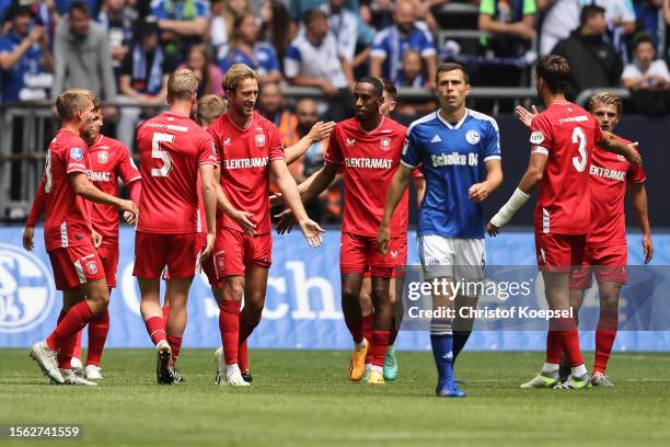 Michel Vlap of Enschede celebrates the first goal with his team mates during the pre-season friendly match between FC Schalke 04 and FC Twente at...