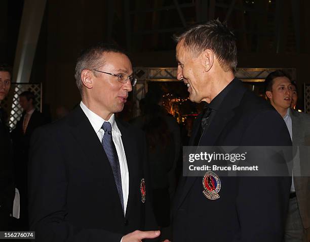 Igor Larionov and Borje Salming chat on the red carpet as they arrive for the Hockey Hall of Fame induction ceremony at Brookfield Place on November...
