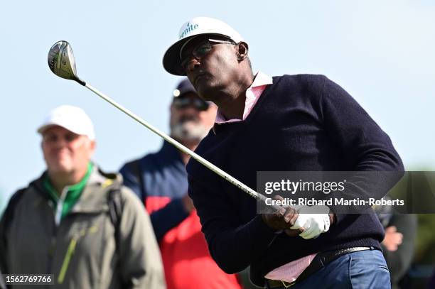 Vijay Singh of Fiji tees off on the 10th hole during Day Three of The Senior Open Presented by Rolex at Royal Porthcawl Golf Club on July 29, 2023 in...