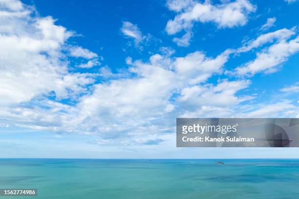 seascape with blue sky and white cloud from aerial - beach tropical deserted blue sky stock-fotos und bilder