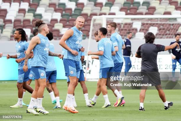 Erling Haaland of Manchester City in action during the Manchester City training session at the National Stadium on July 22, 2023 in Tokyo, Japan.