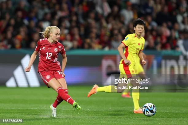 Kathrine Kuhl of Denmark controls the ball during the FIFA Women's World Cup Australia & New Zealand 2023 Group D match between Denmark and China at...