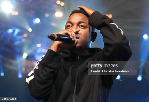 Kendrick Lamar performs on stage for BBC Radio 1Xtra Live at Brixton Academy on November 12, 2012 in London, United Kingdom.