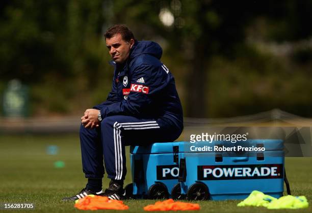 Coach Ange Postecoglou looks on during a Melbourne Victory A-League training session at Gosch's Paddock on November 13, 2012 in Melbourne, Australia.
