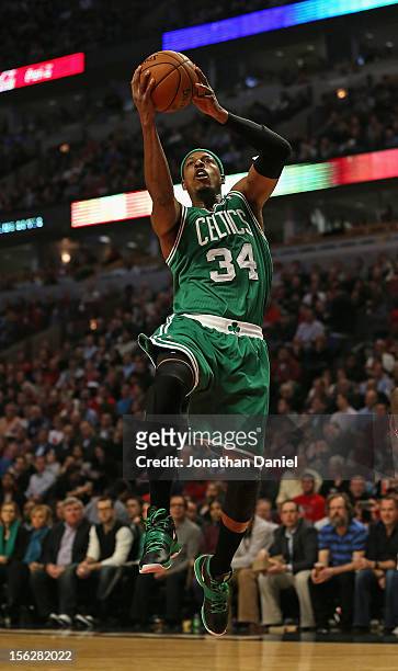 Paul Pierce of the Boston Celtics goes up for a shot against the Chicago Bulls at the United Center on November 12, 2012 in Chicago, Illinois. NOTE...