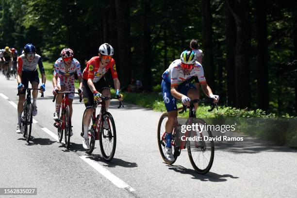 Krists Neilands of Latvia and Team Israel-Premier Tech, Giulio Ciccone of Italy and Team Lidl-Trek, Mattias Skjelmose Jensen of Denmark and Team...