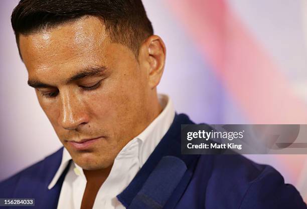 Sonny Bill Williams speaks to the media after the announcement of the his one year agreement with the Sydney Roosters during a Sydney Roosters NRL...