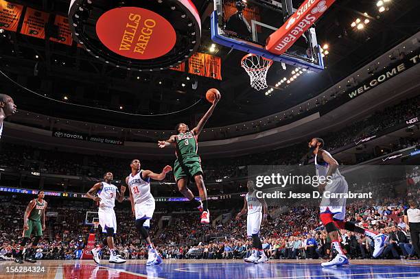 Brandon Jennings of the Milwaukee Bucks goes to the basket during the game between the Milwaukee Bucks and the Philadelphia 76ers at the Wells Fargo...