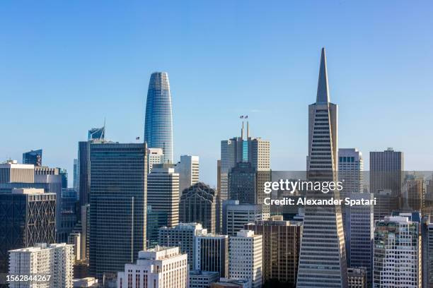 aerial view of san francisco financial district skyline on a sunny day with clear blue sky, california, usa - san francisco financial district stock pictures, royalty-free photos & images