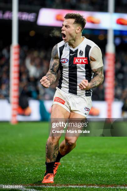 Jamie Elliott of the Magpies celebrates a goal during the round 19 AFL match between Port Adelaide Power and Collingwood Magpies at Adelaide Oval, on...