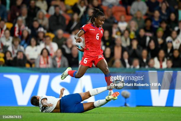 Melchie Dumornay of Haiti clashes with Jessica Carter of England during the FIFA Women's World Cup Australia & New Zealand 2023 Group D match between...