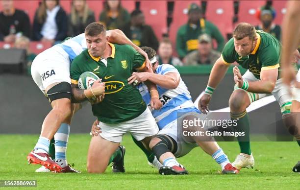 Malcolm Marx of South Africa with the ball during The Rugby Championship match between South Africa and Argentina at Emirates Airline Park on July...