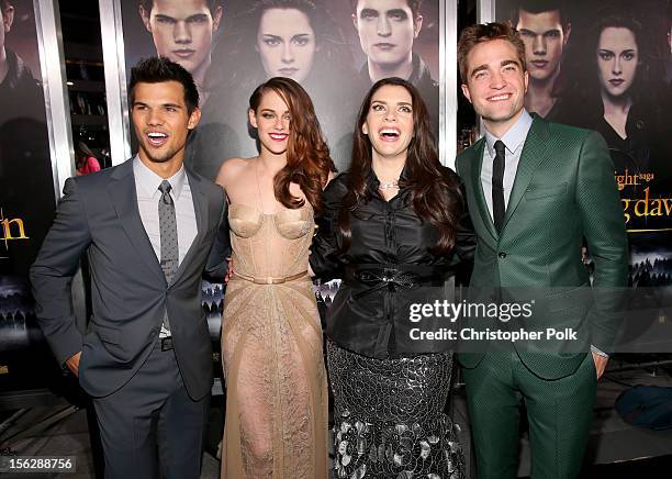 Actors Taylor Lautner, Kristen Stewart, author Stephenie Meyer, and actor Robert Pattinson arrive at the premiere of Summit Entertainment's "The...