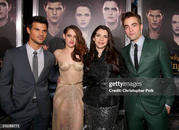 Actors Taylor Lautner, Kristen Stewart, author Stephenie Meyer, and actor Robert Pattinson arrive at the premiere of Summit Entertainment's "The...