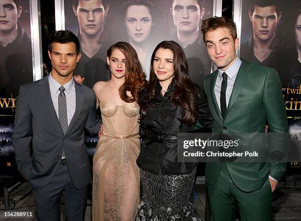 Actors Taylor Lautner, Kristen Stewart, author Stephenie Meyer, and actor Robert Pattinson arrive at the premiere of Summit Entertainment's "The...