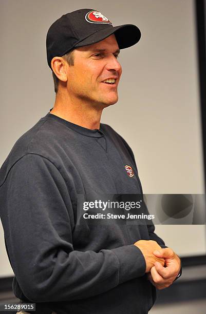 San Francisco 49ers coach Jim Harbaugh attends Game Day Speech Clinic at San Francisco 49ers Practice Facility on November 12, 2012 in Santa Clara,...