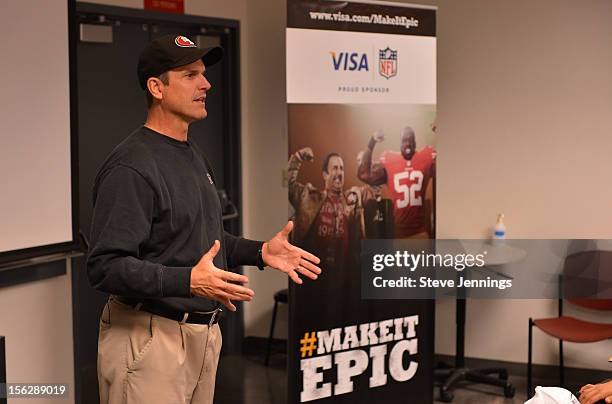 San Francisco 49ers coach Jim Harbaugh attends Game Day Speech Clinic at San Francisco 49ers Practice Facility on November 12, 2012 in Santa Clara,...