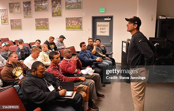 San Francisco 49ers coach Jim Harbaugh attends Game Day Speech Clinic at San Francisco 49ers Practice Facility on November 12, 2012 in Santa Clara,...