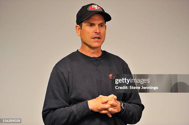 San Francisco 49ers coach Jim Harbaugh attends Game Day Speech Clinic at San Francisco 49ers Practice Facility on November 12, 2012 in Santa Clara,...