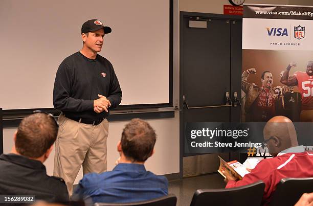 San Francisco 49ers coach Jim Harbaugh attends Game Day Speech Clinic at San Francisco 49ers Practice Facility on November 12, 2012 in Santa Clara,...