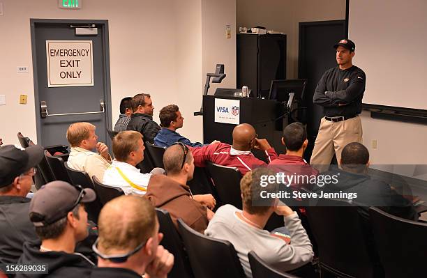 San Francisco 49ers coach Jim Harbaugh attends Game Day Speech Clinic at San Francisco 49ers Practice Facility on November 12, 2012 in Santa Clara,...