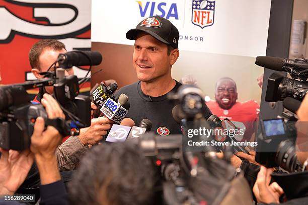 San Francisco 49ers coach Jim Harbaugh attends Game Day Speech Clinic at San Francisco 49ers Practice Facility on November 12, 2012 in Santa Clara,...