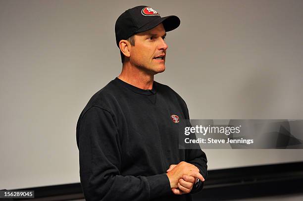 San Francisco 49ers coach Jim Harbaugh attends Game Day Speech Clinic at San Francisco 49ers Practice Facility on November 12, 2012 in Santa Clara,...