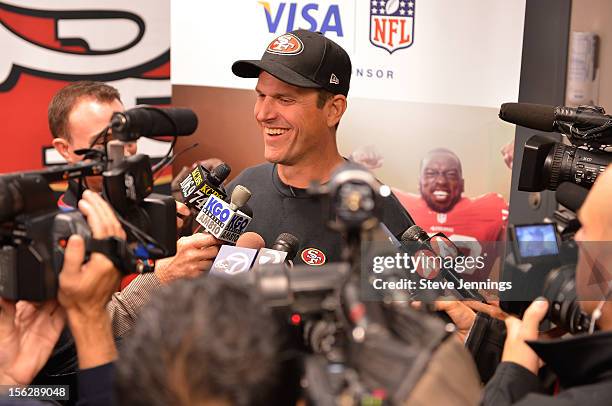 San Francisco 49ers coach Jim Harbaugh attends Game Day Speech Clinic at San Francisco 49ers Practice Facility on November 12, 2012 in Santa Clara,...