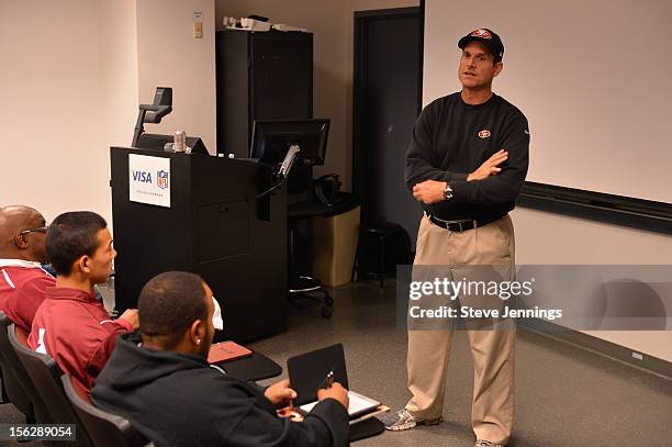 San Francisco 49ers coach Jim Harbaugh attends Game Day Speech Clinic at San Francisco 49ers Practice Facility on November 12, 2012 in Santa Clara,...