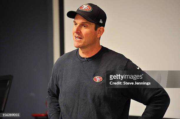 San Francisco 49ers coach Jim Harbaugh attends Game Day Speech Clinic at San Francisco 49ers Practice Facility on November 12, 2012 in Santa Clara,...