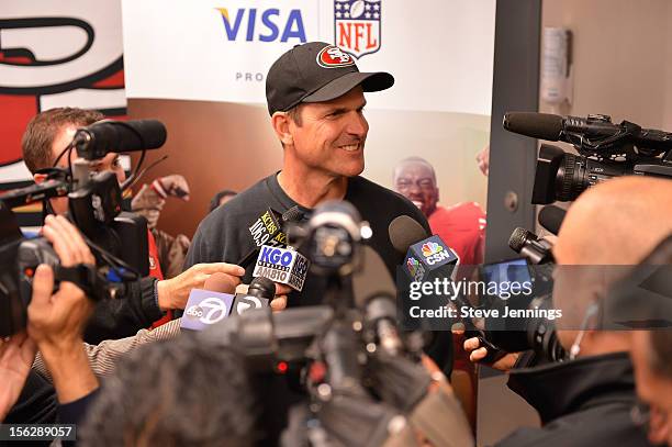 San Francisco 49ers coach Jim Harbaugh attends Game Day Speech Clinic at San Francisco 49ers Practice Facility on November 12, 2012 in Santa Clara,...